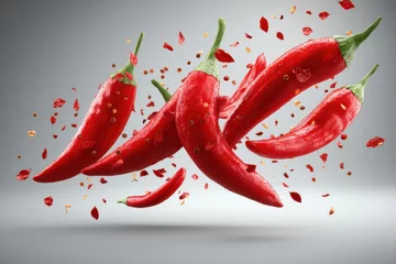 A vibrant close-up of red chili peppers with green stems, some whole and some flaked, creating a spicy and intense composition against a grey gradient backdrop.