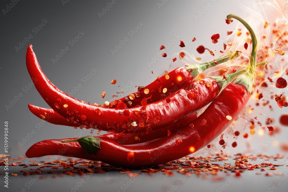 Poster a fiery still life featuring three vibrant red chili peppers with a burst of flavor and scattered fl