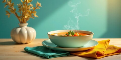 Fototapeta premium Aromatic Vegetable Soup in a Light Green Bowl, Steaming on a Wooden Table with Teal and Yellow Napkins and Dried Flowers in a Vase
