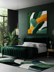 A contemporary bedroom with a velvet bed frame, large art pieces, and a dark yet inviting color scheme