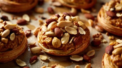 Dessert dish with nut filling. Homemade cakes with a variety of nuts sprinkled on top.