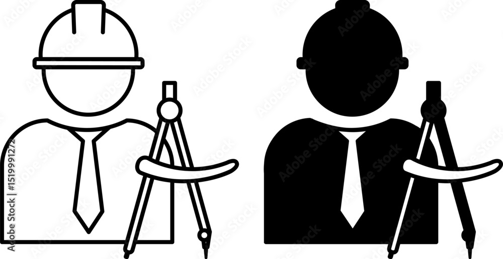 Poster architect icons. black and white vector illustrations. man in helmet and compass. specialist engaged