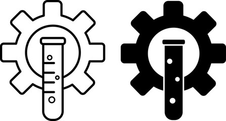 Chemical Icons. Black and White Vector Illustrations. Gear and Flask with Chemical Substance. Engineering Concept