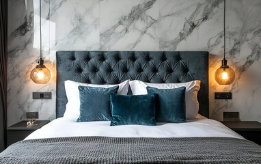 A contemporary bedroom with a velvet headboard, marble walls, and modern lighting features
