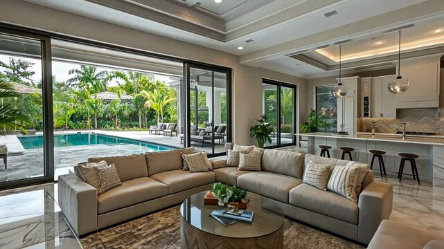 Open-concept living area with modern kitchen and pool views