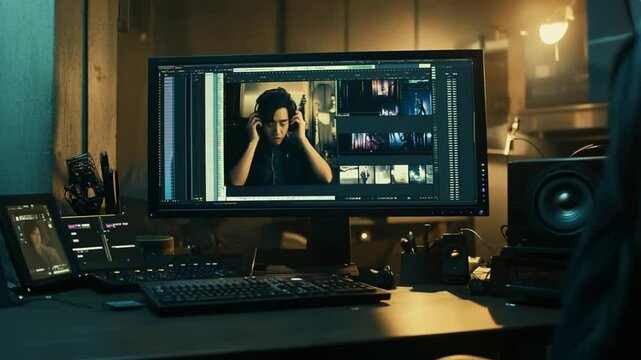 Creative workspace with video editor using professional editing software on a large display