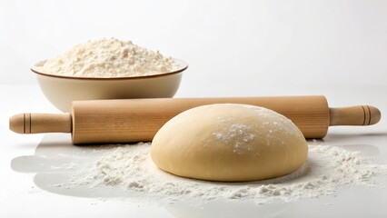 Fototapeta premium Rolling pin and dough on a kitchen counter with flour in the background.