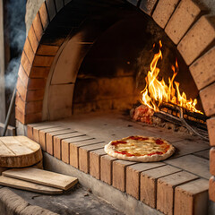 Firewood oven with pizza baking inside, flames and bricks visible