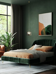 A contemporary bedroom with a velvet bed frame, large art pieces, and a dark yet inviting color scheme