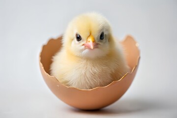 A small, yellow chick peeks out from a crack in a brown egg