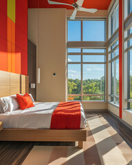 A contemporary bedroom with a wall of windows, modern furniture, and bold color accents
