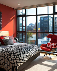 A contemporary bedroom with a wall of windows, modern furniture, and bold color accents