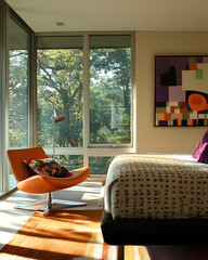 A contemporary bedroom with a wall of windows, modern furniture, and bold color accents