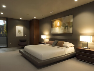 A contemporary bedroom with abstract wall art, minimalist furniture, and soft lighting