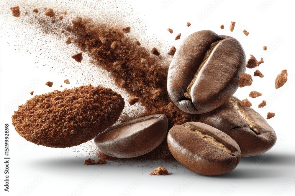 Poster close-up studio shot of coffee beans and instant coffee, creating a dynamic splash, capturing the ar