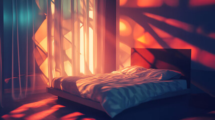 A contemporary bedroom with abstract patterns, a geometric bed frame, and soft accent lighting