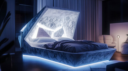 A contemporary bedroom with abstract patterns, a geometric bed frame, and soft accent lighting