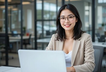 Smiling Asian Businesswoman with Laptop in Modern Office