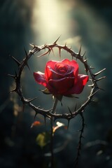 crown of thorns encircling a single rose, its crimson petals bathed in the gentle light of an early morning sunbeam