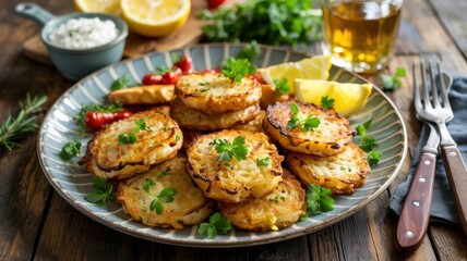 Fototapeta premium Light and healthy low-calorie potato pancakes, Pancakes served with fresh tomatoes, lemon slices and fresh herbs.