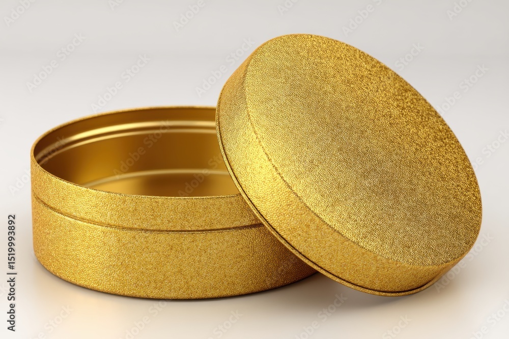 Poster elegant golden container casting a soft shadow, with a textured lid slightly ajar showcasing the lus