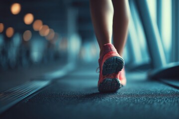 Close-up shot of running shoes on a treadmill, focusing on the runner's determination and fitness progress in a modern gym setting, promoting a healthy lifestyle.