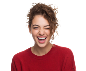 Happy woman with a wink and a big smile on a black backdrop