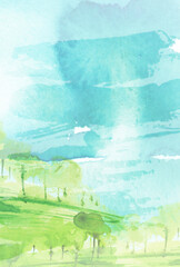 Fototapeta premium Watercolor wood. silhouette, landscape, trees and bushes, on a hill, river, lake, reflected in water. Snow, snowdrift, river, abstract splash of paint. Watercolor Whirlwind, wind, hurricane.