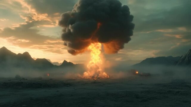 Powerful nuclear explosion in a desolate landscape, dramatic skies, future scenario