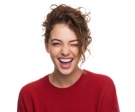 Happy woman with a wink and a big smile on a black backdrop