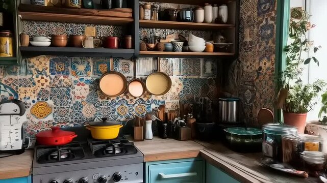 Bohemian Kitchen Interior Design with Plants and Colorful Tile Backsplash
