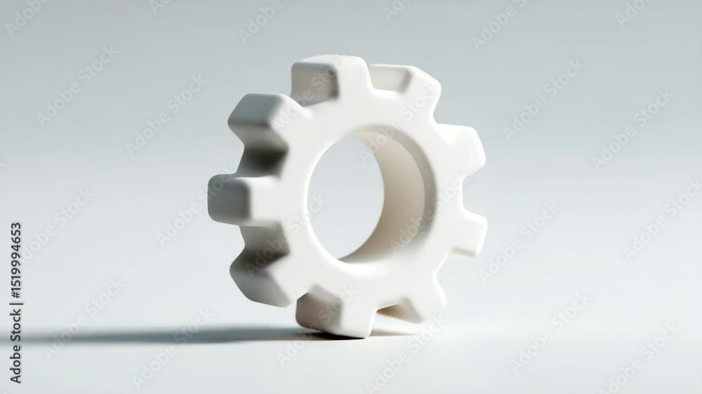 Poster mechanized harmony: a single, pristine gear, rendered in a sleek design. its form symbolizes the int