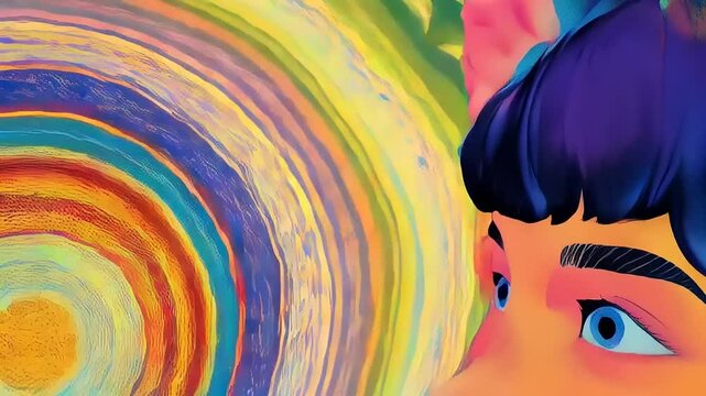 Abstract portrait of a woman with colorful brain-like patterns looking up dreamily