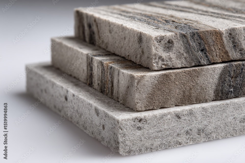 Poster a stacked arrangement of three stone slabs featuring unique grain patterns and porous textures, show