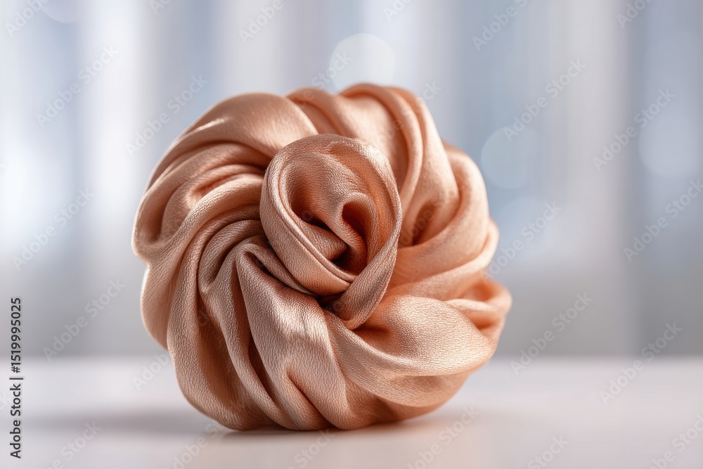 Poster close-up studio shot of a peach-colored satin scrunchie with abstract bokeh, showcasing elegant text