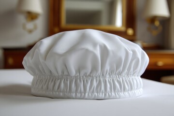 Close-up studio shot of a pristine white bouffant surgical scrub hat on a flat surface, with blurred elegant hotel room details in the background creating depth and texture.