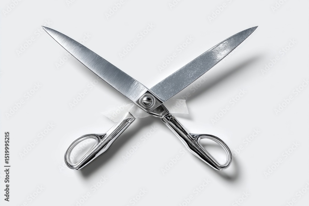 Aufkleber a pair of shiny metal scissors with a white ribbon tied around the pivot point, placed on a clean wh