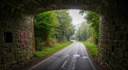 Obraz premium Tunnel vision on an asphalt road surrounded by nature. The tunnel made of big stone. A path through a passage of shadows and greenery.