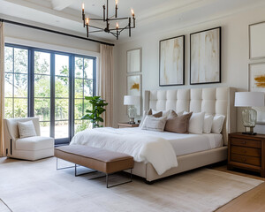 A contemporary bedroom with custom lighting, high-end furnishings, and minimalist design