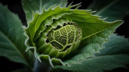 Fototapeta premium Macro photograph of a curled green leaf with intricate veining and serrated edges, showing plant tissue detail against black background