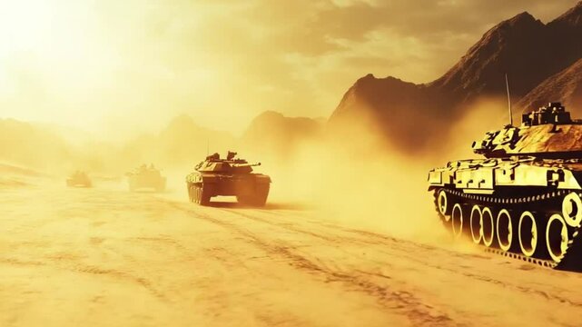 Military Tanks Maneuvering Across Arid Desert Landscape Under Intense Sunlight Simulation