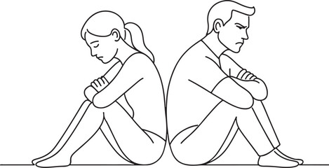 Couple Sitting Back to Back Sad One Line Drawing