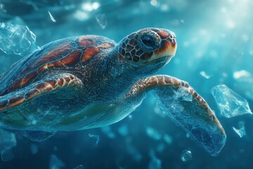 Fototapeta premium A captivating sea turtle swims through ocean filled with plastic waste, highlighting the devastating effects of pollution and urgent need for conservation.