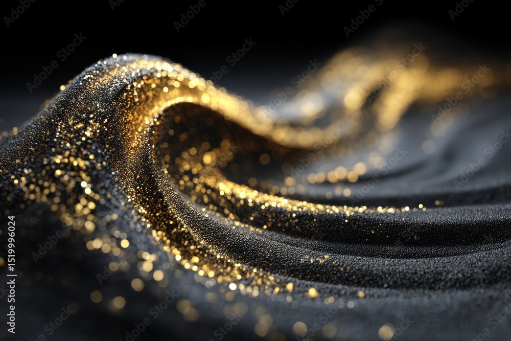 Poster a mesmerizing close-up of a dark, textured surface adorned with shimmering golden particles, creatin