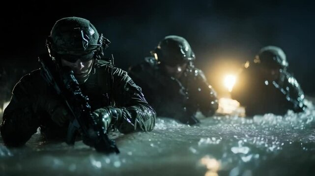Intense night operation: Special forces team wading through water at night with weapons