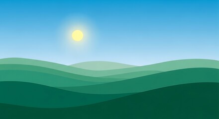 Obraz premium Emerald Hills Unfold Under a Gentle Sun: A Minimalist Landscape Vector with Serene and Dreamy Vibes, Perfect for Nature-Inspired Backgrounds and Modern Design