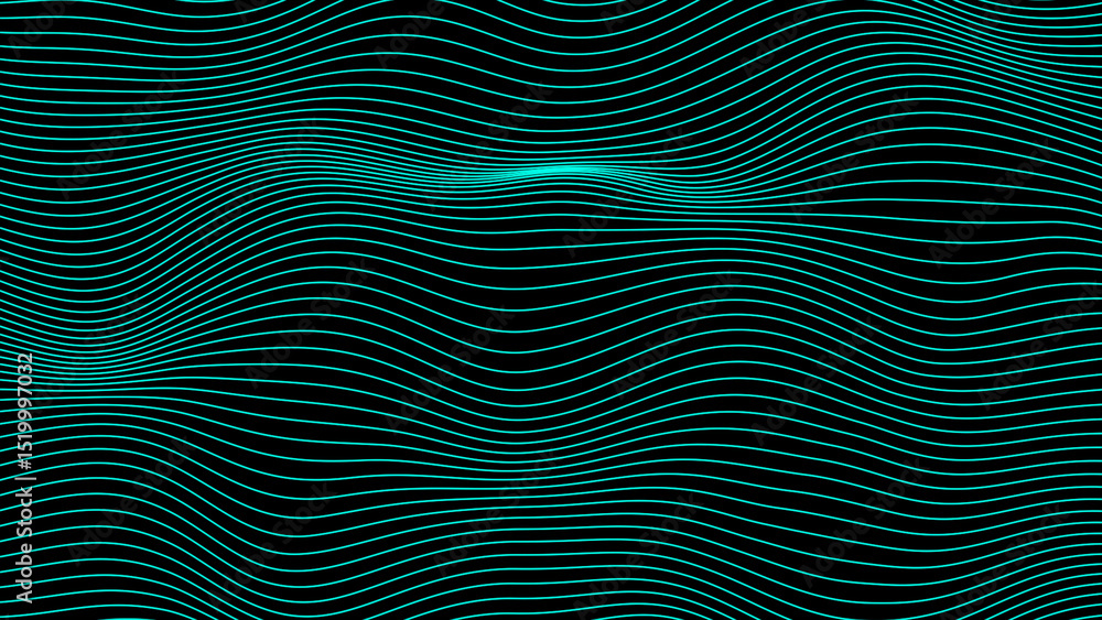 Poster abstract cyan color horizontal wavy lines moving on black background, abstract background