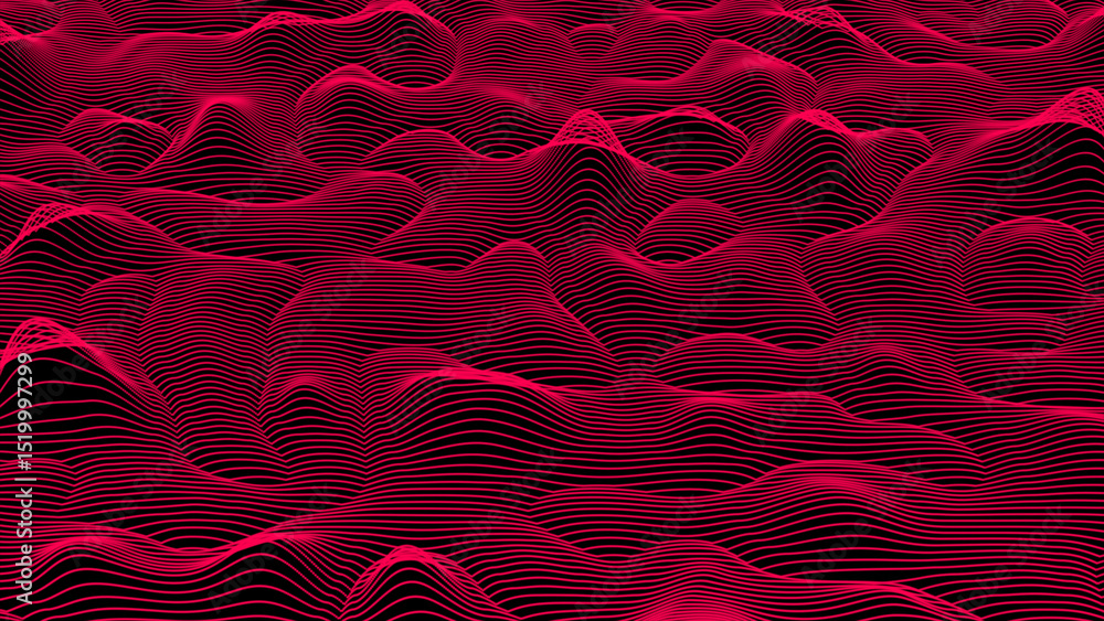 Poster 3d data flow concept, sci-fi topographic pattern background. magenta red high tech horizontal lines 