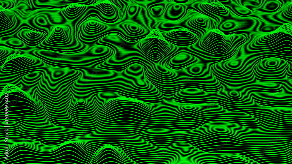 Aufkleber 3d data flow concept, sci-fi topographic pattern background. green high tech horizontal lines moving