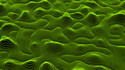 3d data flow concept, sci-fi topographic pattern background. Lime green high tech horizontal lines moving in digital space